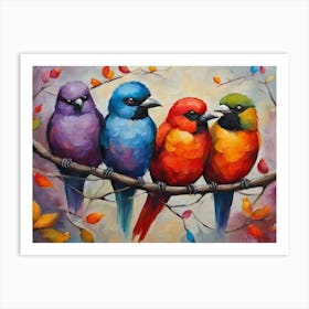 Colorful Birds On A Branch Art Print