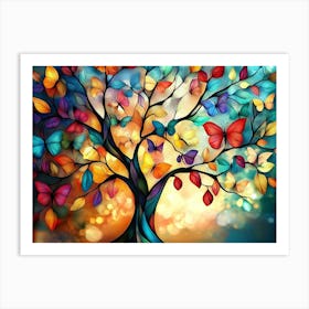 Colorful Butterfly Tree with Vibrant Leaves Hanging Branches Art Print