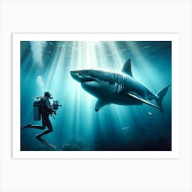 Scuba Diver And Great White Shark Art Print