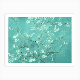 Vincent Van Gogh "Almond Blossom" 1890 in HD Textured Oil Painting | Pale Turquoise Blossoms Pattern Art Print