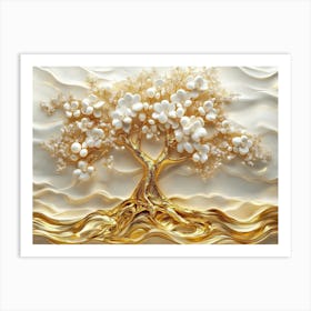 3d Art With Gold Tree Life White Pearl And Flowers 1 Art Print