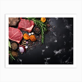 Meat And Spices On Black Background Art Print