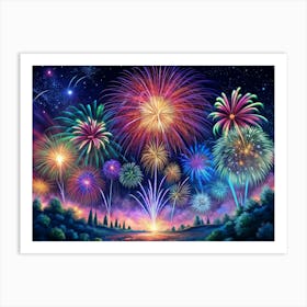 Colorful Fireworks Display Over Green Hills Art Print