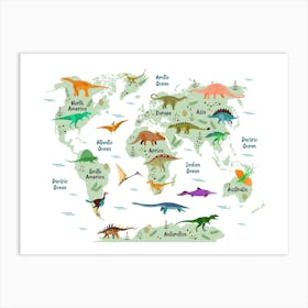 Colourful Dinosaur World Map Art Print
