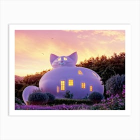 Cat Shaped House Perched On A Serene Hillside Whiskers Gently Swaying With The Wind Tail Curled In Art Print