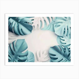 Blue And White Monstera Leaves Art Print