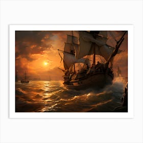 Sailing Ship At Sunset Art Print