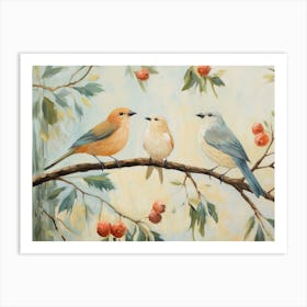 Birds On A Branch With Leaves And Red Fruits Art Print