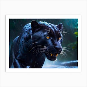 Beautiful Wild Black Panther In The Rain As A Photo Realistic Close Up Painting Art Print