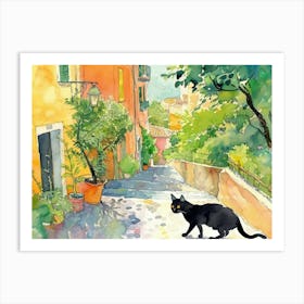 Black Cat In Reggio Calabria, Italy, Street Art Watercolour Painting 2 Art Print