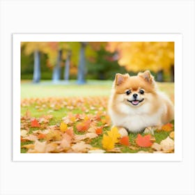 Pomeranian Dog In Autumn Leaves Art Print