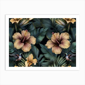 Tropical Exotic Pattern with Gold Hibiscus, Hummingbirds, Protea Flowers, Vintage Banana Leaves, Palm Leaves Art Print