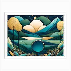 Landscape With Trees And Moon, vector art Art Print