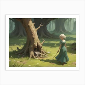 A Young Woman In A Green Dress Walks Through A Sun Drenched Forest, Holding A Sword And Approaching A Hollowed Out Tree Trunk Art Print