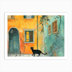 Black Cat In Caserta, Italy, Street Art Watercolour Painting 2 Art Print