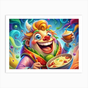 A Colorful, Whimsical Character With A Large Smile, Holding A Bowl Of Dessert And A Cup With A Straw Art Print