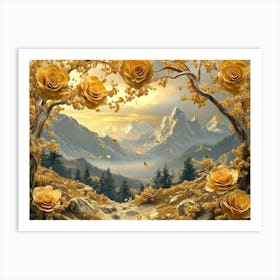 3d Golden Roses On Trees In Majestic Mountain Landscapes Art Print