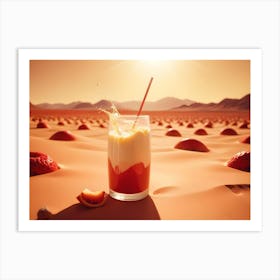 A Glass Of Orange Juice With A Straw Sits On A Sandy Desert Landscape With A Sunrise In The Background Art Print