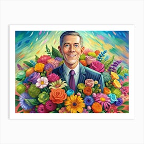 Happy Man In Suit Surrounded By Flowers Art Print