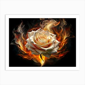 A White Rose Engulfed In Flames, With Smoke And Fire Surrounding It Art Print