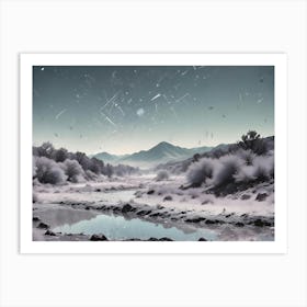 A Surreal Image Of A Snowy Landscape With A River And Mountains In The Background, With Falling Snow Creating A Magical Atmosphere Art Print