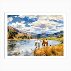 Horses Painting In Lake District, New Zealand, Landscape 3 Art Print