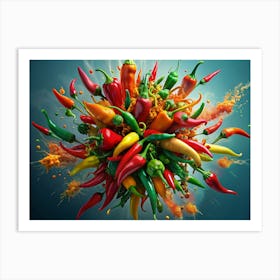 Colorful Chili Peppers Exploding With Colored Paint On A Blue Background Art Print