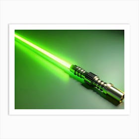 Green Lightsaber With Metallic Handle On A White Surface Against A Green Background Art Print