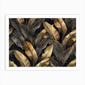 Grunge Bronze Banana Leaves Palm Tropical Exotic Seamless Pattern Hand Drawn Dark Vintage 3d Illustration Art Print