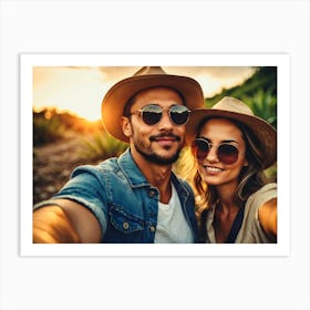 Happy Couple Taking Selfie At Sunset Art Print