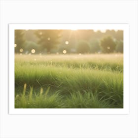 A Close Up Shot Of Green Grass With Dewdrops, With The Sun Shining In The Background, Creating A Warm, Inviting Atmosphere Art Print