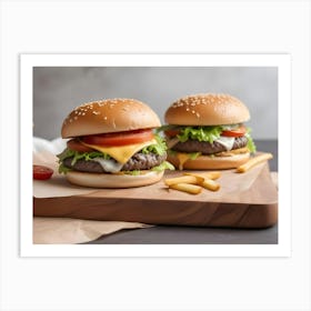 Two Cheeseburgers With Fries And Orange Juice On Wooden Board Art Print