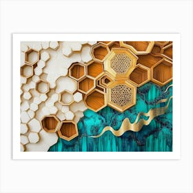 Golden Hexagons Float Amidst White Lattice on Oak Turquoise Art Print