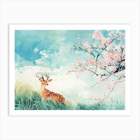 Deer And Sakura Art Print