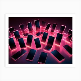 Multiple Smartphones With Black Screens Sit In A Circle On A Dark, Reflective Surface With Glowing Pink Lines Art Print