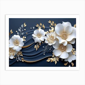 3d Artwork Illustration White and Blue Background with Golden Jewelry and Flowers in Black Design 1 Art Print