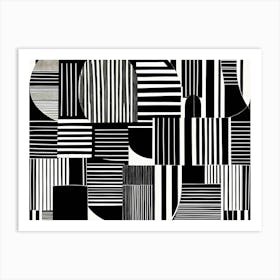 Retro Inspired Linocut Abstract Shapes Black And White Colors art, 195 Art Print