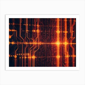 Abstract Image Of A Circuit Board With Glowing Orange Lines And Numbers, Representing Digital Technology And Connectivity Art Print