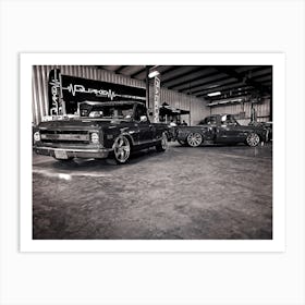 Black And White Image Of Two Trucks Art Print