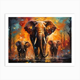 Majestic Elephant Family Art – Abstract Safari Wildlife Canvas – Vibrant African Sunset Scene – Unique Wall Decor for Nature Enthusiasts – Perfect Gift for Animal Lovers – Bold and Colorful Home Art Piece Art Print