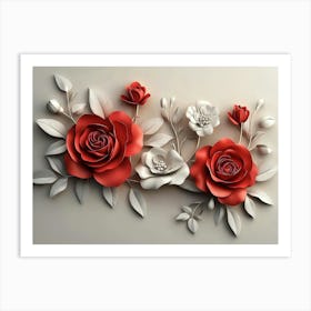 3d Red, Rose Simple Floral Painting Light Gray Art Print