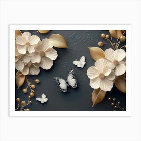 Luxurious Background With Flowers, Leaves And Butterflies 5 Art Print