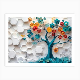 Vibrant Turquoise Tree And Colorful Hexagons Create A Striking Effect Against White Lattice And Floral 1 Art Print