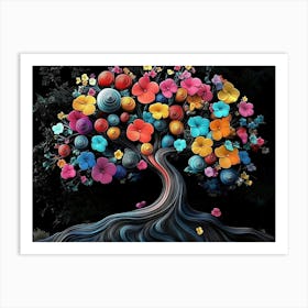 3d Tree Abstract Colorful Flower Art On Black, 3d Abstraction Artwork Art Print