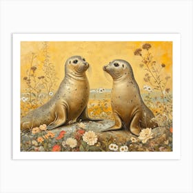 Floral Animal Illustration Harp Seal Art Print