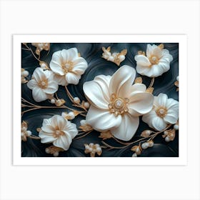 Sophisticated 3d Artwork Design, White And Blue Tones, Golden Jewelry, Floral Motifs 2 Art Print