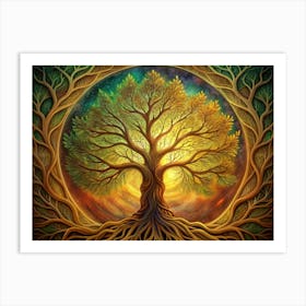 Mystical Golden Tree With Roots And A Colorful Background Art Print