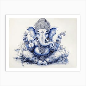 3d Pencil Sketch of Indian God Ganesh Blue Tone Art Print