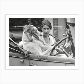 Woman and Dog, Dog Driving Car, Vintage Black and White Old Photo, Funny Art Art Print