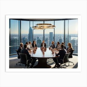 Confident Ceo Seated At The Head Of A Sleek Gleaming Mahogany Conference Table Leading An Energize (2) 1 Art Print